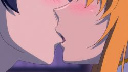  1boy 1girl animated animated_gif black_hair blurry blush dark_skin depth_of_field french_kiss futaba_lili_ramses head_out_of_frame hetero indoors kiss open_mouth orange_hair profile saliva saliva_trail tachibana_ichirou tentacle_and_witches tongue  rating:Questionable score:138 user:fapsam