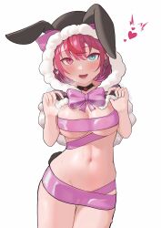  1girl absurdres animal_ears bdsm blush bondage bound bow breasts cape choker covered_erect_nipples covered_pussy earrings fake_animal_ears gift_wrapping heart heterochromia highres hololive hololive_english hood hoodie irys_(hololive) jewelry large_breasts looking_at_viewer navel open_mouth pink_bow rabbit_ears red_hair shift_(shiftillust) simple_background skindentation solo steam steaming_body stomach sweat virtual_youtuber white_background wrapped_up 