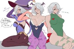  1girl 2b_(nier:automata) absurdres arms_behind_back bare_legs bat_wings blue_leotard blush bodypaint breasts cammy_white cammy_white_(cosplay) cosplay covered_navel detached_sleeves english_text from_side gloves green_leotard grey_eyes hair_over_one_eye halloween_costume hands_on_ground hat head_wings highres leotard looking_to_the_side medium_breasts medium_hair mole mole_under_mouth mona_(genshin_impact) mona_(genshin_impact)_(cosplay) morrigan_aensland morrigan_aensland_(cosplay) multiple_views nier:automata nier_(series) open_mouth pantyhose pink_pantyhose porqueloin red_gloves seiza simple_background sitting sweatdrop talking teeth white_background white_hair wings witch_hat 