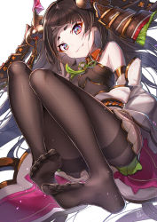  1girl akaitera armor banned_artist bare_shoulders barefoot black_pantyhose brown_hair brown_pantyhose brown_skirt commentary_request detached_sleeves flat_chest foot_focus fuuchingiri_mitsuyo headgear japanese_clothes long_hair looking_at_viewer multicolored_eyes pantyhose simple_background skirt smile solo tagme tenka_hyakken thick_eyebrows twintails very_long_hair white_background 