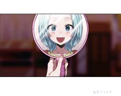  1girl :d ameyasumi_yuxx blue_eyes blue_hair blurry blurry_background chinese_commentary commentary_request enomoto_noa hand_mirror highres holding holding_mirror jacket light_blue_hair looking_at_viewer mirror open_clothes open_jacket open_mouth pink_nails red_jacket saibou_shinkyoku shirt short_hair smile solo translation_request yellow_shirt 