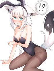 !? 1girl @_@ absurdres ahoge akaboshi_natsume animal_ear_fluff animal_ears bare_arms black_leotard black_pantyhose blush braid breast_lift breasts cleavage commentary_request earrings ears_down embarrassed fake_animal_ears fox_ears fox_girl fox_tail green_eyes hair_between_eyes highres hololive jewelry leotard long_hair looking_at_viewer medium_breasts open_mouth pantyhose pentagram playboy_bunny rabbit_ears shirakami_fubuki sidelocks simple_background single_braid sitting solo tail virtual_youtuber wariza wavy_mouth white_background white_hair 