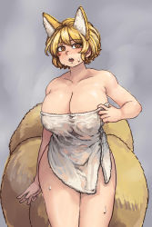  1girl animal_ears bare_shoulders blonde_hair blush breasts brown_eyes chanta_(ayatakaoisii) cleavage collarbone covered_erect_nipples cowboy_shot curvy extra_ears fox_ears fox_tail highres hip_focus huge_breasts multiple_tails naked_towel open_mouth plump short_hair solo steam sweat sweatdrop tail teeth thick_thighs thighs tongue touhou towel wet yakumo_ran  rating:Sensitive score:38 user:MrDeviant