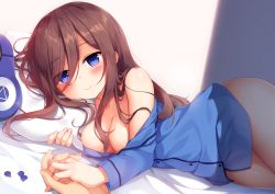 1girl bed_sheet blue_eyes blue_shirt blush breasts brown_hair cleavage closed_mouth commentary_request dress_shirt ezoshika fingernails go-toubun_no_hanayome hair_between_eyes headphones headphones_removed highres long_hair lying medium_breasts nakano_miku naked_shirt hugging_object off_shoulder on_side pillow pillow_hug pov pov_hands shirt smile solo_focus very_long_hair rating:Questionable score:51 user:danbooru