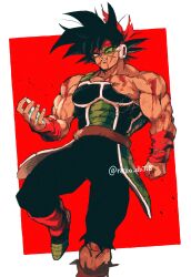  1boy absurdres armor bardock battle_damage black_eyes black_hair bleeding blood blood_from_mouth blood_on_arm blood_on_clothes blood_on_face blood_on_hands bodysuit broken broken_armor bruise cuts dragon_ball dragonball_z facial_scar full_body headband highres injury looking_at_viewer male_focus monkey_tail muscular muscular_male open_mouth relio_db318 saiyan saiyan_armor scar scar_on_cheek scar_on_face scouter scratches short_hair simple_background smile spiked_hair tail tail_around_waist teeth torn_bodysuit torn_clothes wristband 
