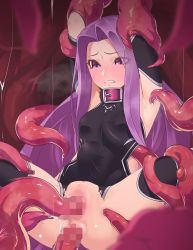  1girl anal armpits arms_up black_leotard black_thighhighs blush breasts censored clenched_teeth collar double_penetration eyes_visible_through_hair fate/grand_order fate_(series) full-face_blush highres hikichi_sakuya leotard long_braid long_hair medusa_(fate) medusa_(lancer)_(fate) medusa_(rider)_(fate) mosaic_censoring purple_eyes purple_hair pussy restrained rider sidelocks small_breasts solo spread_legs stomach_bulge sweat teeth tentacle_pit tentacle_sex tentacles tentacles_under_clothes thick_thighs thighhighs thighs torn_clothes vaginal very_long_hair wide_hips  rating:Explicit score:111 user:danbooru