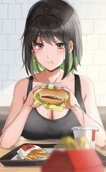  1girl absurdres black_hair breasts brown_eyes burger cleavage colored_inner_hair commentary earrings eating english_commentary fast_food food green_hair highres jewelry large_breasts medium_hair miru_(ormille) mole mole_on_breast mole_under_eye multicolored_hair nail_polish original ormille solo tank_top  rating:Sensitive score:20 user:danbooru