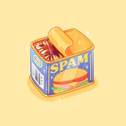  666 artist_name barcode charongess commentary english_commentary food mimic no_humans original simple_background solo spam_(food) sparkle yellow_background 