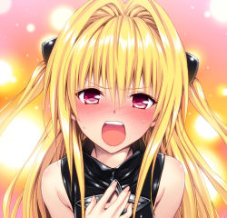 10s 1girl bare_shoulders blonde_hair blush colorized detexted embarrassed hair_intakes hand_on_own_chest highres konjiki_no_yami long_hair looking_at_viewer multicolored_background non-web_source open_mouth portrait red_eyes sleeveless solo sweat third-party_edit to_love-ru to_love-ru_darkness two_side_up yabuki_kentarou yamaiwa_shuuhai rating:Sensitive score:37 user:danbooru