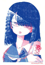  1girl absurdres asymmetrical_bangs blue_eyes blue_hair blue_sailor_collar blue_shirt bra bra_strap clothes_pull corset_piercing cropped_torso eyebrow_piercing head_tilt highres lace lace_bra limited_palette long_sleeves looking_at_viewer medium_hair mizuinokima neck_piercing neckerchief original piercing pink_eyes pulled_by_self sailor_collar school_uniform serafuku shirt simple_background single_bare_shoulder solo tongue tongue_out tongue_piercing traditional_media two-tone_eyes underwear upper_body white_background white_neckerchief 
