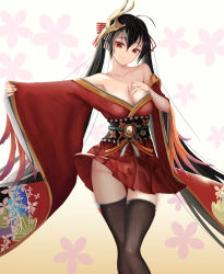 1girl absurdres ahoge azur_lane black_hair black_thighhighs bow breasts cleavage collarbone floral_background floral_print hair_between_eyes hair_bow hair_ribbon highres japanese_clothes kimono long_hair long_sleeves mask mask_on_head medium_breasts miniskirt nekobell no_panties off_shoulder outstretched_arm parted_lips pleated_skirt print_sleeves red_eyes red_kimono red_ribbon red_skirt ribbon skirt solo standing striped striped_bow taihou_(azur_lane) thigh_gap thighhighs twintails very_long_hair white_background wide_sleeves rating:Sensitive score:17 user:danbooru