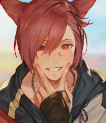 1boy animal_ears cat_ears commentary facial_mark ffxivys final_fantasy final_fantasy_xiv fingerless_gloves fingers_to_cheeks g&#039;raha_tia gloves grin hair_ornament hair_over_one_eye looking_at_viewer male_focus miqo&#039;te neck_tattoo portrait red_eyes red_hair short_hair slit_pupils smile solo swept_bangs tattoo x_hair_ornament rating:General score:16 user:danbooru