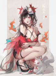  1girl absurdres arms_under_breasts artist_name bare_shoulders bell black_choker black_hair breasts cat choker cleavage collarbone criss-cross_halter crossed_arms detached_sleeves dress flower_tattoo fox_mask from_side full_body halterneck high_heels highres honkai:_star_rail honkai_(series) kkamiiz koi light_brown_background long_hair looking_ahead low_neckline mask mask_on_head medium_breasts nail_polish neck_bell o-ring open_mouth pillarboxed red_dress red_eyes red_nails red_sleeves solo sparkle_(honkai:_star_rail) squatting tattoo teeth toenail_polish toenails tongue tongue_out turning_head upper_teeth_only very_long_hair 