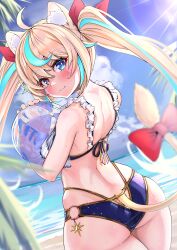1girl :3 ahoge animal_ear_fluff animal_ears ass atelier_fraulein back bare_arms bare_shoulders beach beachball bikini blonde_hair blue_bikini blue_eyes blue_hair blue_sky blurry blurry_foreground blush bow bright_pupils cat_ears cat_girl cat_tail closed_mouth cloud cowboy_shot dutch_angle floating_hair frilled_bikini frills from_behind gold_trim hair_between_eyes hands_up holding holding_ball holding_beachball horizon kajimakoto light_rays long_hair looking_at_viewer looking_back multi-strapped_bikini_bottom multicolored_hair o-ring o-ring_bikini ocean outdoors palm_tree red_bow shido_lio skindentation sky smile solo streaked_hair sunlight sweat swept_bangs swimsuit tail tail_bow tail_ornament tail_raised tree turning_head twintails two-tone_hair very_long_hair virtual_youtuber white_pupils wide_hips