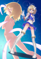 1girl :o antenna_hair ass back blonde_hair blue_background blue_skirt blue_vest blush boots closed_eyes dutch_angle elbow_gloves flat_chest from_behind from_below full_body gloves gluteal_fold gradient_background hair_ornament hairpin hand_on_own_hip holding holding_wand legs_apart loli long_hair magical_girl miniskirt multiple_views nude ohlia original panties pantyshot parted_lips pleated_skirt puffy_short_sleeves puffy_sleeves self_hug shirt short_hair short_sleeves shoulder_blades skirt sparkle standing thigh_boots thighhighs transformation underwear upskirt v-shaped_eyebrows vest wand white_footwear white_gloves white_shirt  rating:Questionable score:32 user:danbooru
