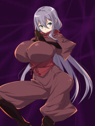  1girl baggy_clothes black_footwear bodysuit boots breast_suppress breasts dragon_yukano elbow_gloves gloves grey_hair hair_between_eyes huge_breasts impossible_clothes japanese_clothes knee_boots kuji-in large_breasts legs_apart long_hair looking_to_the_side nekomamire ninja ninja_slayer obi own_hands_together photoshop_(medium) purple_eyes sash scarf serious sidelocks solo very_long_hair 
