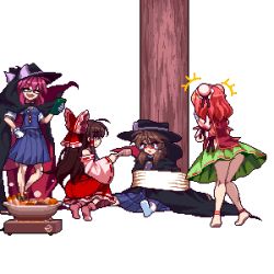  &gt;_&lt; +++ 4girls animated animated_gif ass bandaged_arm bandages barefoot bound bow brown_eyes brown_hair bullying bun_cover cape cellphone closed_eyes commentary_request cosplay detached_sleeves double_bun food futatsuiwa_mamizou glasses hair_bow hair_bun hair_tubes hakurei_reimu hat hat_bow hotpot ibaraki_kasen laughing long_hair long_sleeves low_twintails migel_futoshi multiple_girls oden open_mouth phone pixel_art portable_stove raccoon_tail red-framed_eyewear red_hair ribbon-trimmed_sleeves ribbon_trim rope short_hair simple_background stove tail tears tied_up_(nonsexual) touhou twintails upskirt usami_sumireko usami_sumireko_(cosplay) white_background wide_sleeves  rating:Sensitive score:47 user:danbooru