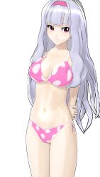  1girl 3d artificial_academy_2 bikini breasts cleavage female_focus hairband highres idolmaster idolmaster_(classic) large_breasts long_hair looking_at_viewer navel pink_eyes polka_dot polka_dot_bikini polka_dot_swimsuit shijou_takane silver_hair simple_background smile solo swimsuit tagme  rating:Questionable score:24 user:Recolate