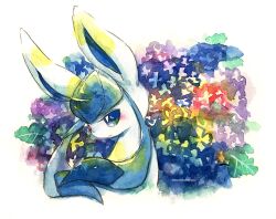  animal_focus blue_eyes blue_hair blush closed_mouth creatures_(company) game_freak gen_4_pokemon glaceon long_hair nintendo no_humans nonkumakawayusu painting_(medium) pokemon pokemon_(creature) sidelocks smile solo traditional_media watercolor_(medium) 