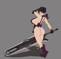 1girl apron artist_request ass black_hair boots breasts cattleya_(queen&#039;s_blade) female_focus from_behind full_body gloves huge_ass huge_breasts looking_back muscular no_bra ponytail queen&#039;s_blade sideboob simple_background smile solo source_request standing sword weapon rating:Questionable score:30 user:Vintem