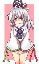 1girl blush bottomless covering_privates covering_crotch female_focus hat highres japanese_clothes kariginu long_sleeves mononobe_no_futo no_pants pom_pom_(clothes) ribbon short_hair grey_eyes silver_hair solo tate_eboshi tears touhou turtleneck wide_sleeves yzb-030