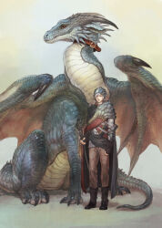  1boy armor black_cape black_gloves brown_eyes brown_footwear brown_pants cape claws collar dragon elbow_gloves fantasy fingerless_gloves g.river gloves helmet holding holding_staff horns original pants pauldrons realistic red_collar scales short_hair shoulder_armor single_pauldron size_difference staff standing tail western_dragon white_hair wings 
