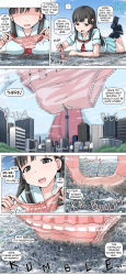  1girl black_hair breasts character_request city destruction english_text frilled_panties frills giant giantess hard-translated highres huge_giantess long_hair nipples nude panties panty_pull pleated_skirt school_uniform serafuku skirt striped_clothes striped_panties tagme terada_ochiko third-party_edit translated underwear unworn_panties  rating:Questionable score:24 user:heather