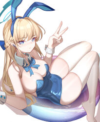  1girl absurdres animal_ears blonde_hair blue_archive blue_bow blue_bowtie blue_eyes blue_halo blue_leotard bow bowtie braid breasts cleavage closed_mouth commentary detached_collar earpiece fake_animal_ears halo highres leotard long_hair looking_at_viewer luai medium_breasts official_alternate_costume playboy_bunny rabbit_ears revision simple_background solo strapless strapless_leotard thighhighs toki_(blue_archive) toki_(bunny)_(blue_archive) v white_background white_thighhighs wrist_cuffs 