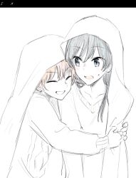  2girls aran_sweater art_program_in_frame black_hair blanket blue_eyes blush cable_knit closed_eyes commentary_request greyscale grin head_on_another&#039;s_shoulder highres hug koito_yuu long_hair long_sleeves monochrome multiple_girls nanami_touko nyamo open_mouth orange_hair shared_blanket smile spot_color sweatdrop sweater yagate_kimi_ni_naru 