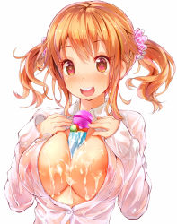  10s 1girl :d between_breasts blush breasts brown_hair cleavage dress_shirt hato_haru heart heart-shaped_pupils highres huge_breasts idolmaster idolmaster_cinderella_girls microphone open_clothes open_mouth open_shirt scrunchie shirt smile solo symbol-shaped_pupils totoki_airi twintails underwear wet wet_clothes  rating:Questionable score:48 user:draush