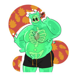  1boy averting_eyes bara big_belly black_male_swimwear blush_stickers colored_skin cropped_legs doug_(monster_prom) fat fat_man green_skin highres large_pectorals male_focus male_swimwear monster_boy monster_prom navel_hair object_through_head pectorals see-through short_shorts shorts shy slime_boy solo standing sword_in_head tareme toby_(tobiaix) topless_male 