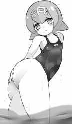 1girl ass bad_anatomy blush circlet creatures_(company) game_freak greyscale hair_ornament hand_on_own_ass karukan_(monjya) lana_(pokemon) loli looking_at_viewer looking_down monochrome nintendo one-piece_swimsuit open_mouth partially_submerged pokemon pokemon_sm short_hair solo swimsuit twisted_torso wet rating:Questionable score:96 user:HomeStruck