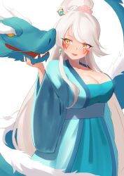 1girl absurdres breasts dragon dress gooak guardian_tales highres large_breasts long_hair lupina_(guardian_tales) open_mouth smile solo teeth very_long_hair white_hair yellow_eyes  rating:Questionable score:11 user:Rezedor
