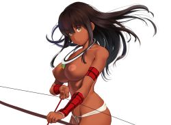 1girl akagi_(kancolle) alternate_costume armband arrow_(projectile) black_hair blunt_bangs bow_(weapon) breasts cleavage collar collarbone cowboy_shot dark-skinned_female dark_skin hair_between_eyes holding holding_weapon inverted_nipples kantai_collection large_breasts light_areolae long_hair looking_at_viewer nipples panties sidelocks simple_background smile solo standing straight_hair string_panties topless tribal underwear wa_(genryusui) weapon white_background wristband yellow_eyes rating:Questionable score:25 user:danbooru