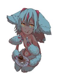  1girl animal_ears blinking cake chewing claws eating extra_arms faputa fewer_digits food hair_between_eyes holding holding_food holding_plate holding_spoon jsmne long_bangs made_in_abyss monster_girl navel plate sitting spoon topless transparent_background webp-to-png_conversion white_fur white_hair yellow_eyes 