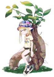  1girl black_shorts bucket_hat closed_mouth commentary_request dolphin_shorts full_body grass hat highres inkling inkling_girl inkling_player_character long_hair multicolored_clothes multicolored_hat nintendo pointy_ears pppmepl print_shirt shirt shoes shorts simple_background sitting smile solo splatoon_(series) tentacle_hair tree white_background white_shirt yellow_eyes yellow_trim 