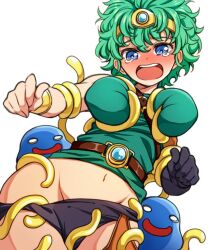  1girl belt black_panties blue_eyes breasts circlet curly_hair dragon_quest dragon_quest_iv gloves green_hair groin heroine_(dq4) laco_soregashi large_breasts looking_at_viewer medium_breasts monster navel open_mouth panties short_hair simple_background slime_(dragon_quest) smile underwear white_background 