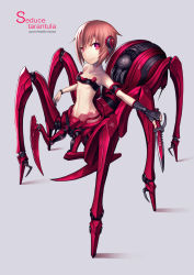1girl android arachne arthropod_girl bandeau breasts brown_hair bug centauroid cyborg full_body gia grey_background highres holding holding_knife insect_girl knife looking_at_viewer mecha mecha_musume mechanical_parts monster_girl original outstretched_arm red_eyes robot short_hair simple_background small_breasts smile solo spider spider_girl standing stinger taur wristband rating:Sensitive score:58 user:danbooru