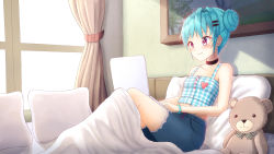  1girl bare_arms bare_shoulders bed black_choker blue_hair blue_shorts blush breasts camisole choker closed_mouth collarbone commentary commission computer curtains day english_commentary hair_bun hair_ornament hairclip highres knees_up laptop original pillow plaid prophosphere red_eyes short_shorts shorts single_hair_bun sitting small_breasts smile solo stuffed_animal stuffed_toy sunlight teddy_bear under_covers window  rating:Sensitive score:2 user:danbooru