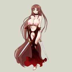  1girl absurdly_long_hair barefoot breasts brown_eyes brown_hair cleft_of_venus collar dual_wielding facing_viewer fate_(series) full_body highres holding large_breasts large_nipples linked_piercing long_hair looking_at_viewer matching_hair/eyes medium_breasts murabito-h navel nipple_piercing nipples piercing pussy simple_background solo standing sword topless uncensored very_long_hair weapon yu_mei-ren_(fate) yu_miaoyi  rating:Explicit score:21 user:sun-wukong