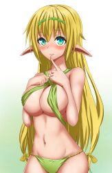  1girl absurdres aqua_eyes bare_shoulders bikini blonde_hair breasts closed_mouth elf finger_to_mouth gradient_background green_bikini hand_on_own_chest highres isekai_maou_to_shoukan_shoujo_no_dorei_majutsu large_breasts long_hair looking_at_viewer navel pointy_ears shera_l._greenwood simple_background solo standing swimsuit tokisan 