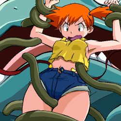1girl angry armpits blouse breasts cowboy_shot creatures_(company) from_below game_freak gen_1_pokemon gomatarou_(pixiv196136) gym_leader imminent_rape jaggy_lines lowres misty_(pokemon) navel nintendo oekaki pokemon pokemon_(anime) pokemon_(classic_anime) pokemon_(creature) restrained shirt short_shorts shorts solo_focus sweat tentacles tentacles_under_clothes thighs venusaur yellow_shirt rating:Questionable score:111 user:Perv-Ultra