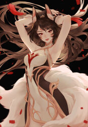  1girl 891 absurdres ahri_(league_of_legends) animal_ear_fluff animal_ears armpits arms_up black_background commentary cowboy_shot english_commentary facial_mark falling_petals fingernails fox fox_ears fox_girl fox_tail hair_between_eyes highres immortalized_legend_ahri league_of_legends long_hair looking_at_viewer multiple_tails nail_polish official_alternate_costume parted_lips petals red_eyes red_nails red_petals sidelocks simple_background smile solo tail whisker_markings 