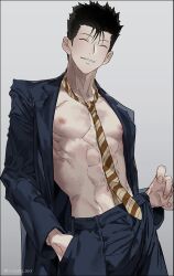  1boy abs black_hair black_pants black_shirt facing_viewer fingernails grey_background hand_in_pocket highres leeis_cool male_focus mob_psycho_100 necktie nipples open_clothes open_shirt pants parted_lips scar scar_on_chest shimazaki_ryo shirt short_hair solo striped_necktie thumb_in_pocket toned toned_male 