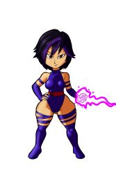  1girl bare_shoulders big_hero_6 blue_leotard breasts chibi cosplay curvy energy_sword fingerless_gloves full_body gloves glowing glowing_hand gogo_tomago hand_on_own_hip highleg highleg_leotard highres impossible_clothes impossible_leotard large_breasts leotard looking_to_the_side marvel psylocke psylocke_(cosplay) revealing_clothes sash sentinel_(x-men) shiny_clothes short_hair simple_background skin_tight solo standing superhero_costume sword tansau thong_leotard weapon white_background wide_hips x-men 