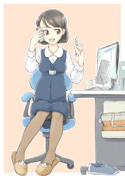  1girl bag blue_dress brown_eyes brown_hair brown_pantyhose buttons cat_ornament cellphone chair collared_shirt commentary_request desk dress handbag highres holding holding_pen holding_phone id_card lanyard long_sleeves maternity_dress maternity_mark monitor mutou_youshun office_chair office_lady on_chair open_mouth original pantyhose pen phone pregnant shirt shoes short_hair sitting slippers solo swivel_chair white_shirt 