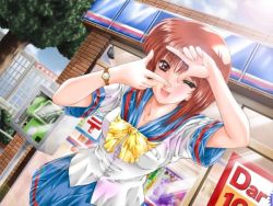  1girl artist_request character_request female_focus nature outdoors red_eyes red_hair school_uniform short_hair sky solo source_request  rating:Sensitive score:2 user:greywolf69