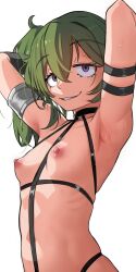  1girl absurdres arm_strap armlet armpits arms_behind_head black_choker breasts choker commentary english_commentary green_hair grin highres jitome long_hair looking_at_viewer madaotheory navel nipples o-ring o-ring_choker parted_lips perky_breasts presenting_armpit purple_eyes ribs side_ponytail smile solo sousou_no_frieren sweat ubel_(sousou_no_frieren)  rating:Questionable score:106 user:danbooru