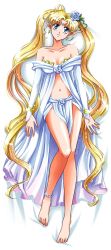  1girl artist_name bare_legs bare_shoulders barefoot beads bed bishoujo_senshi_sailor_moon blonde_hair blue_eyes breasts cleavage cloveras collarbone double_bun dress elf flower highres long_hair lying navel on_back pointy_ears princess_serenity solo tiara tsukino_usagi twintails very_long_hair watermark white_dress  rating:Sensitive score:22 user:Bouowmx
