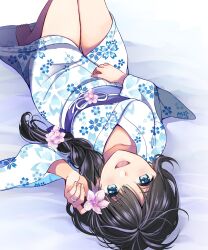  1girl barefoot black_hair blue_eyes blue_kimono braid breasts commentary_request floral_print flower hair_flower hair_ornament hand_on_own_stomach hand_up highres japanese_clothes kimono knees_up long_hair lying medium_breasts on_back open_mouth original smile solo tinkle2013 upside-down yukata 